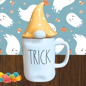 Rae Dunn “Trick” Gnome Coffee Cup Mug, Magenta Collection, Fall Halloween Mug